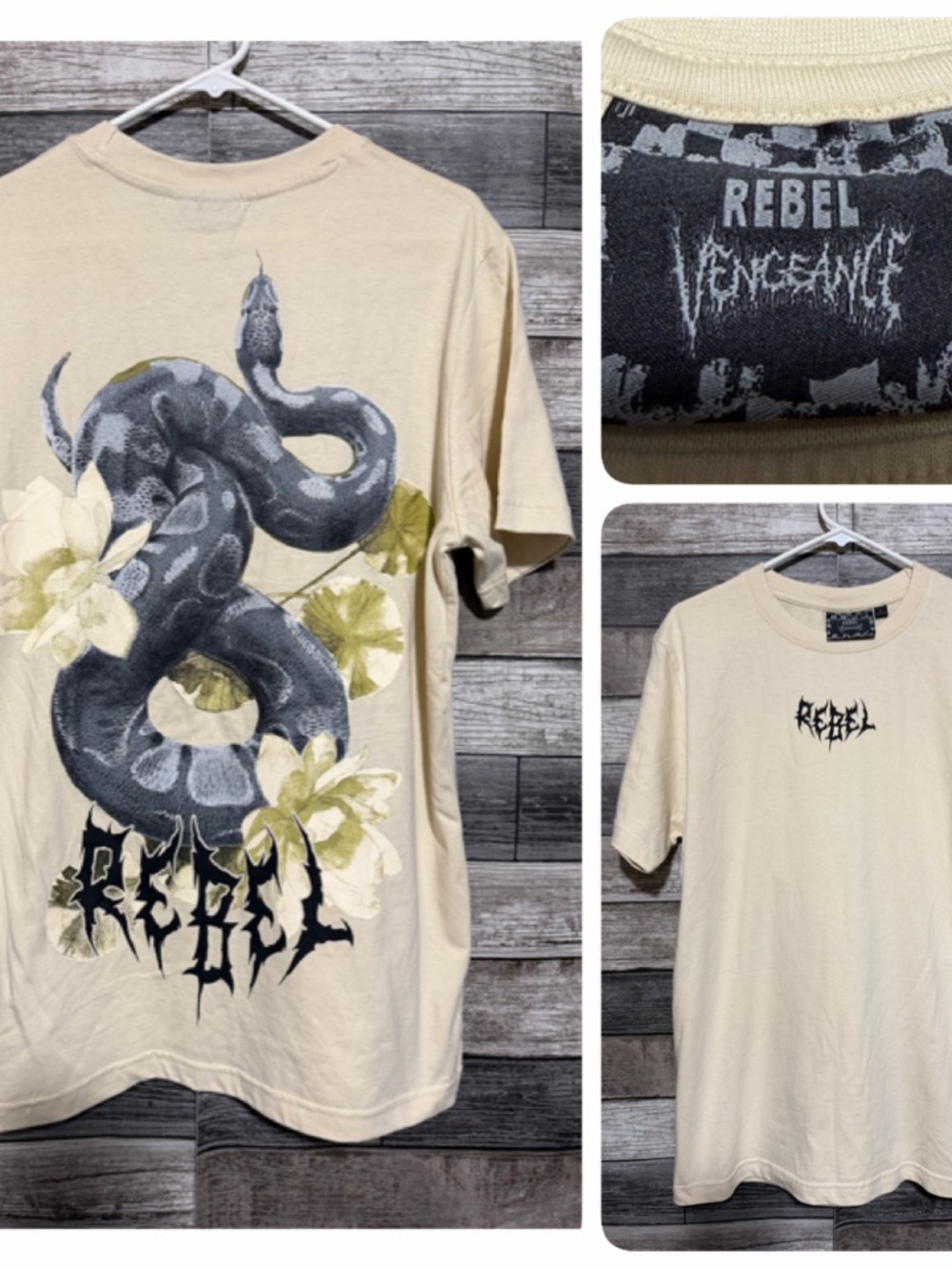 Rebel Vengeance Snake Floral T-Shirt Men’s L Cream Graphic Tee Casual